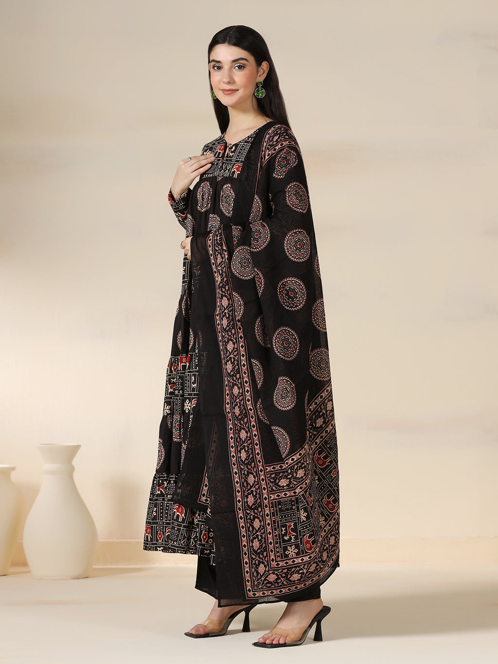 Black Rayon Printed Round Neck Full Sleeves Calf Length Flared Kurta Pant And Dupatta Set Mizazjaipur