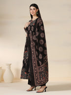Black Rayon Printed Round Neck Full Sleeves Calf Length Flared Kurta Pant And Dupatta Set Mizazjaipur