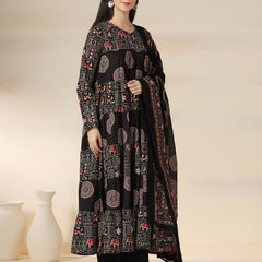 Black Rayon Printed Round Neck Full Sleeves Calf Length Flared Kurta Pant And Dupatta Set Mizazjaipur
