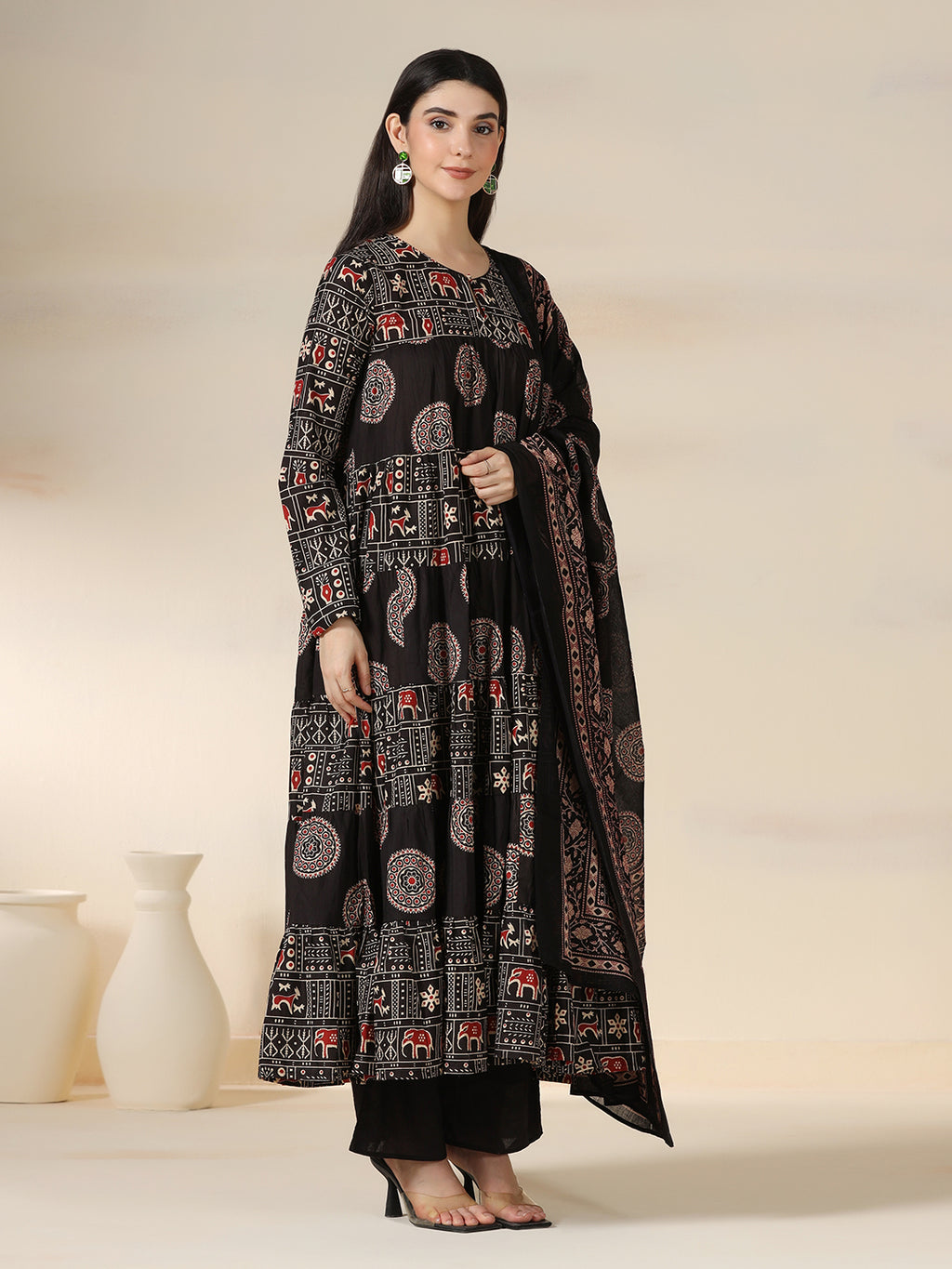 Black Rayon Printed Round Neck Full Sleeves Calf Length Flared Kurta Pant And Dupatta Set Mizazjaipur