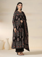 Black Rayon Printed Round Neck Full Sleeves Calf Length Flared Kurta Pant And Dupatta Set Mizazjaipur