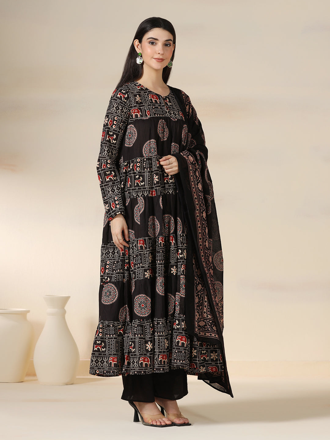 Black Rayon Printed Round Neck Full Sleeves Calf Length Flared Kurta Pant And Dupatta Set Mizazjaipur