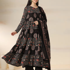 Black Rayon Printed Round Neck Full Sleeves Calf Length Flared Kurta Pant And Dupatta Set 2XL Mizazjaipur