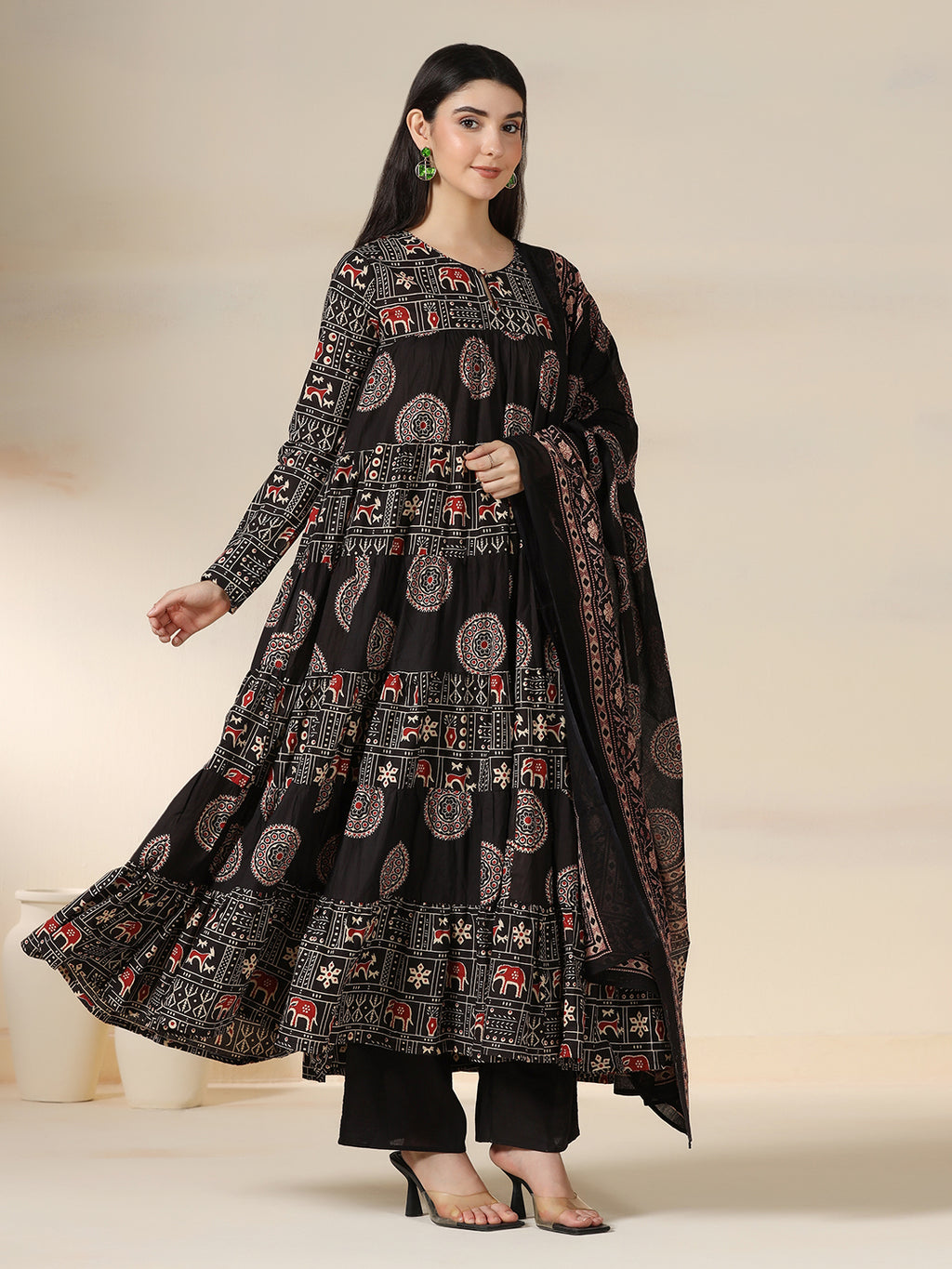 Black Rayon Printed Round Neck Full Sleeves Calf Length Flared Kurta Pant And Dupatta Set 2XL Mizazjaipur