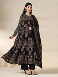 Black Rayon Printed Round Neck Full Sleeves Calf Length Flared Kurta Pant And Dupatta Set 2XL Mizazjaipur