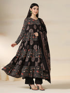 Black Rayon Printed Round Neck Full Sleeves Calf Length Flared Kurta Pant And Dupatta Set 2XL Mizazjaipur