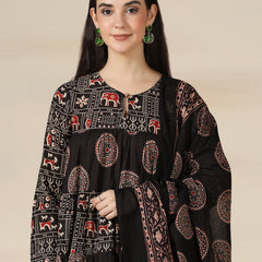 Black Rayon Printed Round Neck Full Sleeves Calf Length Flared Kurta Pant And Dupatta Set Mizazjaipur