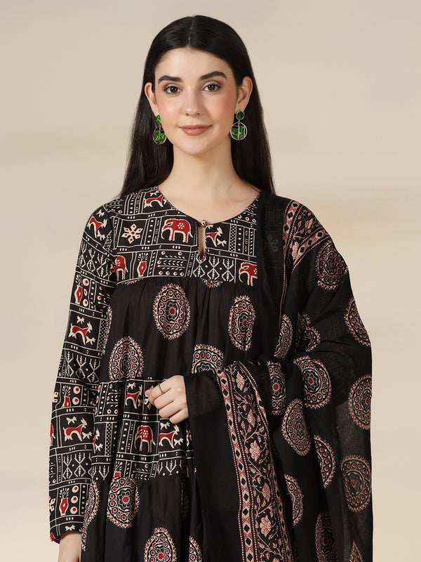 Black Rayon Printed Round Neck Full Sleeves Calf Length Flared Kurta Pant And Dupatta Set Mizazjaipur