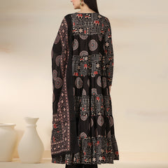 Black Rayon Printed Round Neck Full Sleeves Calf Length Flared Kurta Pant And Dupatta Set Mizazjaipur