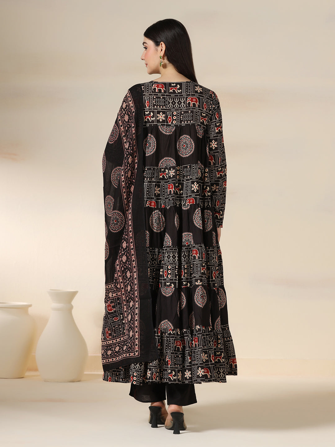 Black Rayon Printed Round Neck Full Sleeves Calf Length Flared Kurta Pant And Dupatta Set Mizazjaipur