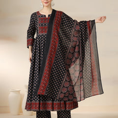 Black Pure Cotton Printed Round Neck 3/4 Sleeves Calf Length Flared Kurta Pant And Dupatta Set Mizazjaipur