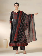 Black Pure Cotton Printed Round Neck 3/4 Sleeves Calf Length Flared Kurta Pant And Dupatta Set Mizazjaipur