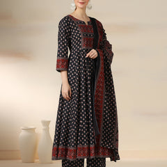 Black Pure Cotton Printed Round Neck 3/4 Sleeves Calf Length Flared Kurta Pant And Dupatta Set Mizazjaipur