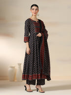 Black Pure Cotton Printed Round Neck 3/4 Sleeves Calf Length Flared Kurta Pant And Dupatta Set Mizazjaipur