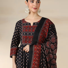Black Pure Cotton Printed Round Neck 3/4 Sleeves Calf Length Flared Kurta Pant And Dupatta Set Mizazjaipur