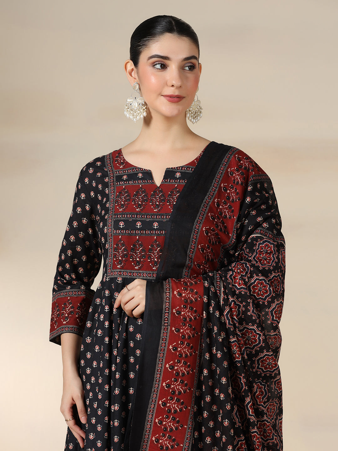 Black Pure Cotton Printed Round Neck 3/4 Sleeves Calf Length Flared Kurta Pant And Dupatta Set Mizazjaipur