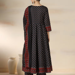 Black Pure Cotton Printed Round Neck 3/4 Sleeves Calf Length Flared Kurta Pant And Dupatta Set Mizazjaipur