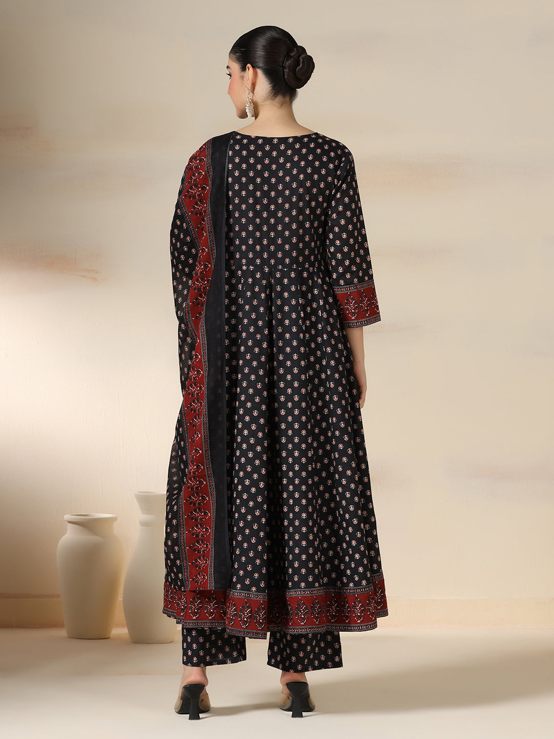 Black Pure Cotton Printed Round Neck 3/4 Sleeves Calf Length Flared Kurta Pant And Dupatta Set Mizazjaipur