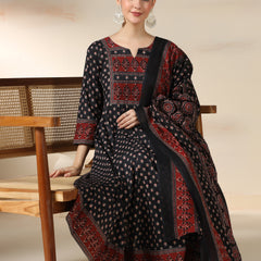 Black Pure Cotton Printed Round Neck 3/4 Sleeves Calf Length Flared Kurta Pant And Dupatta Set Mizazjaipur