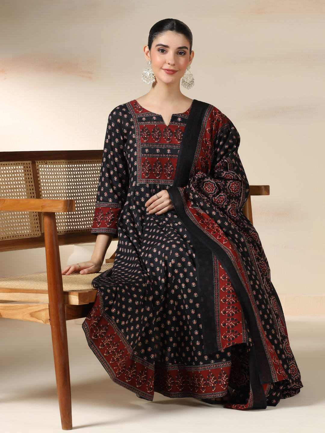 Black Pure Cotton Printed Round Neck 3/4 Sleeves Calf Length Flared Kurta Pant And Dupatta Set Mizazjaipur