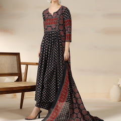 Black Pure Cotton Printed Sequence Work Round Neck 3/4 Sleeves Calf Length Flared Kurta Pant And Dupatta Set Mizazjaipur