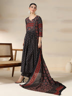 Black Pure Cotton Printed Sequence Work Round Neck 3/4 Sleeves Calf Length Flared Kurta Pant And Dupatta Set Mizazjaipur