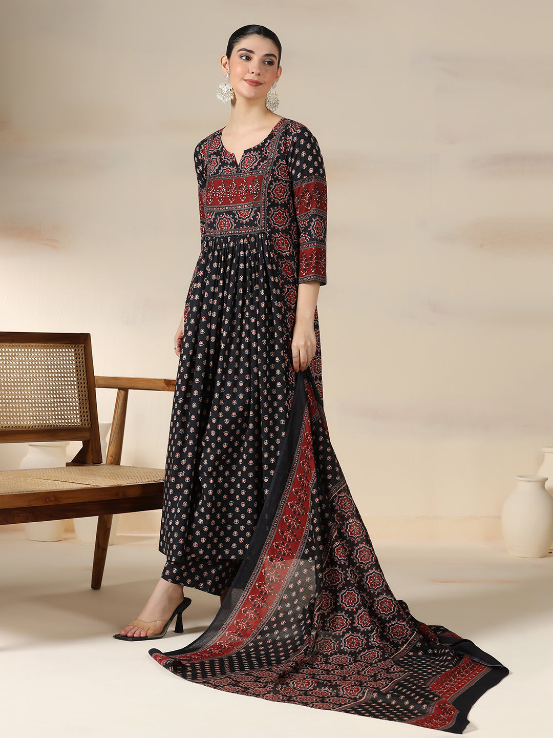 Black Pure Cotton Printed Sequence Work Round Neck 3/4 Sleeves Calf Length Flared Kurta Pant And Dupatta Set Mizazjaipur