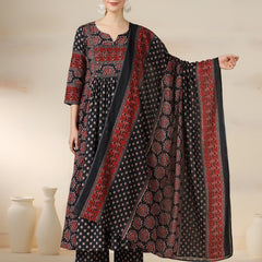 Black Pure Cotton Printed Sequence Work Round Neck 3/4 Sleeves Calf Length Flared Kurta Pant And Dupatta Set Mizazjaipur