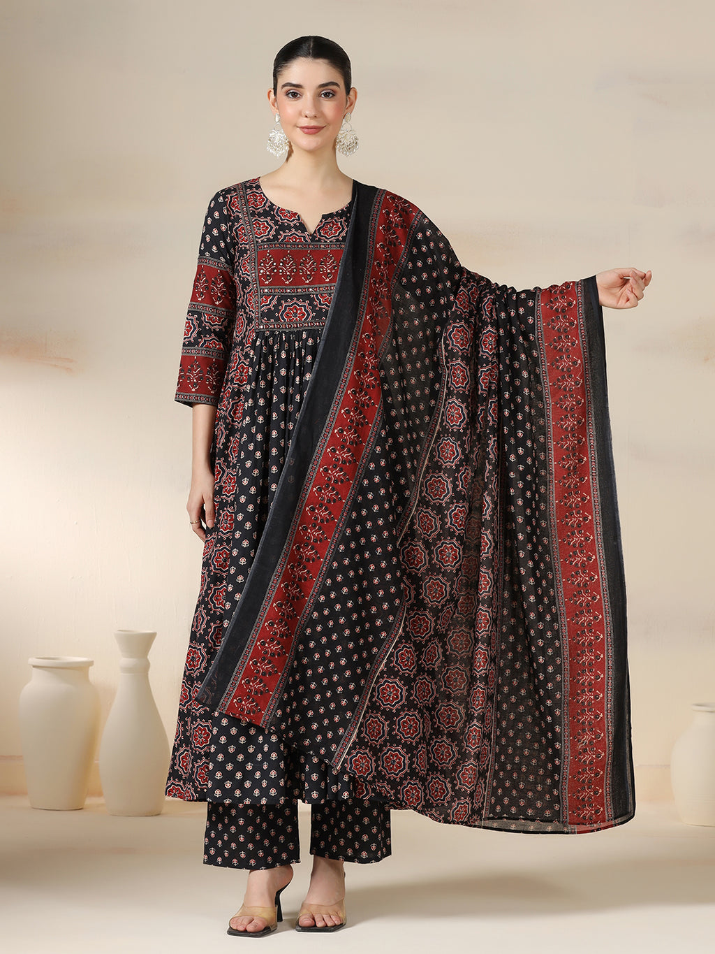 Black Pure Cotton Printed Sequence Work Round Neck 3/4 Sleeves Calf Length Flared Kurta Pant And Dupatta Set Mizazjaipur