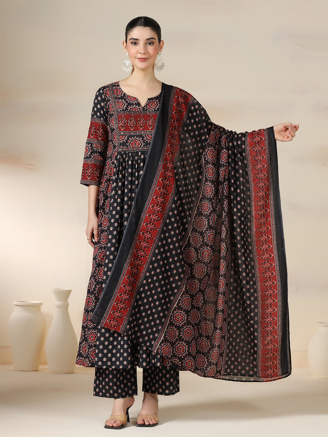 Black Pure Cotton Printed Sequence Work Round Neck 3/4 Sleeves Calf Length Flared Kurta Pant And Dupatta Set Mizazjaipur