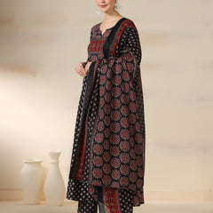 Black Pure Cotton Printed Sequence Work Round Neck 3/4 Sleeves Calf Length Flared Kurta Pant And Dupatta Set Mizazjaipur