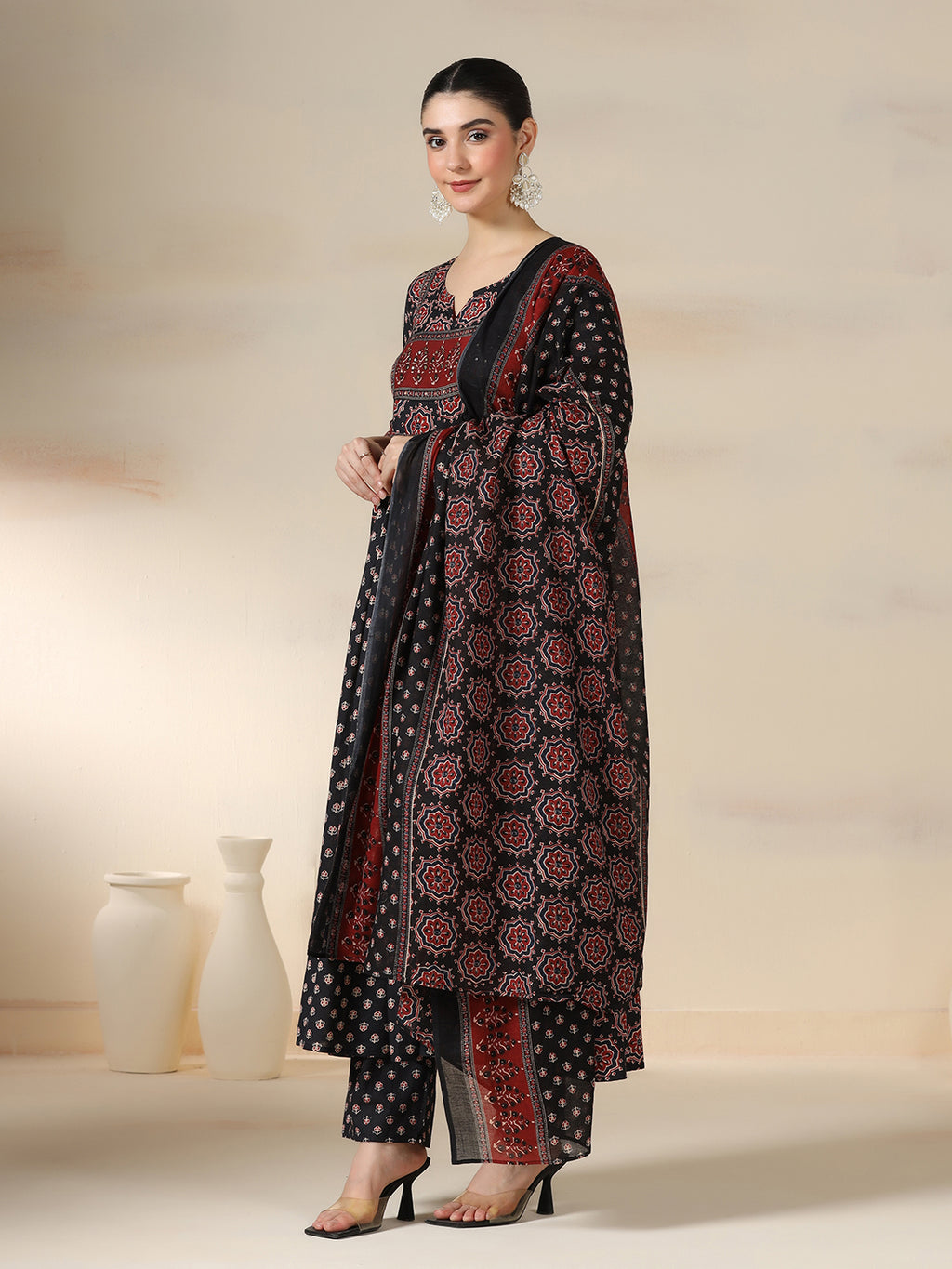 Black Pure Cotton Printed Sequence Work Round Neck 3/4 Sleeves Calf Length Flared Kurta Pant And Dupatta Set Mizazjaipur