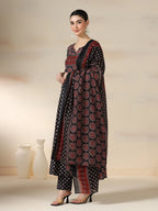 Black Pure Cotton Printed Sequence Work Round Neck 3/4 Sleeves Calf Length Flared Kurta Pant And Dupatta Set Mizazjaipur