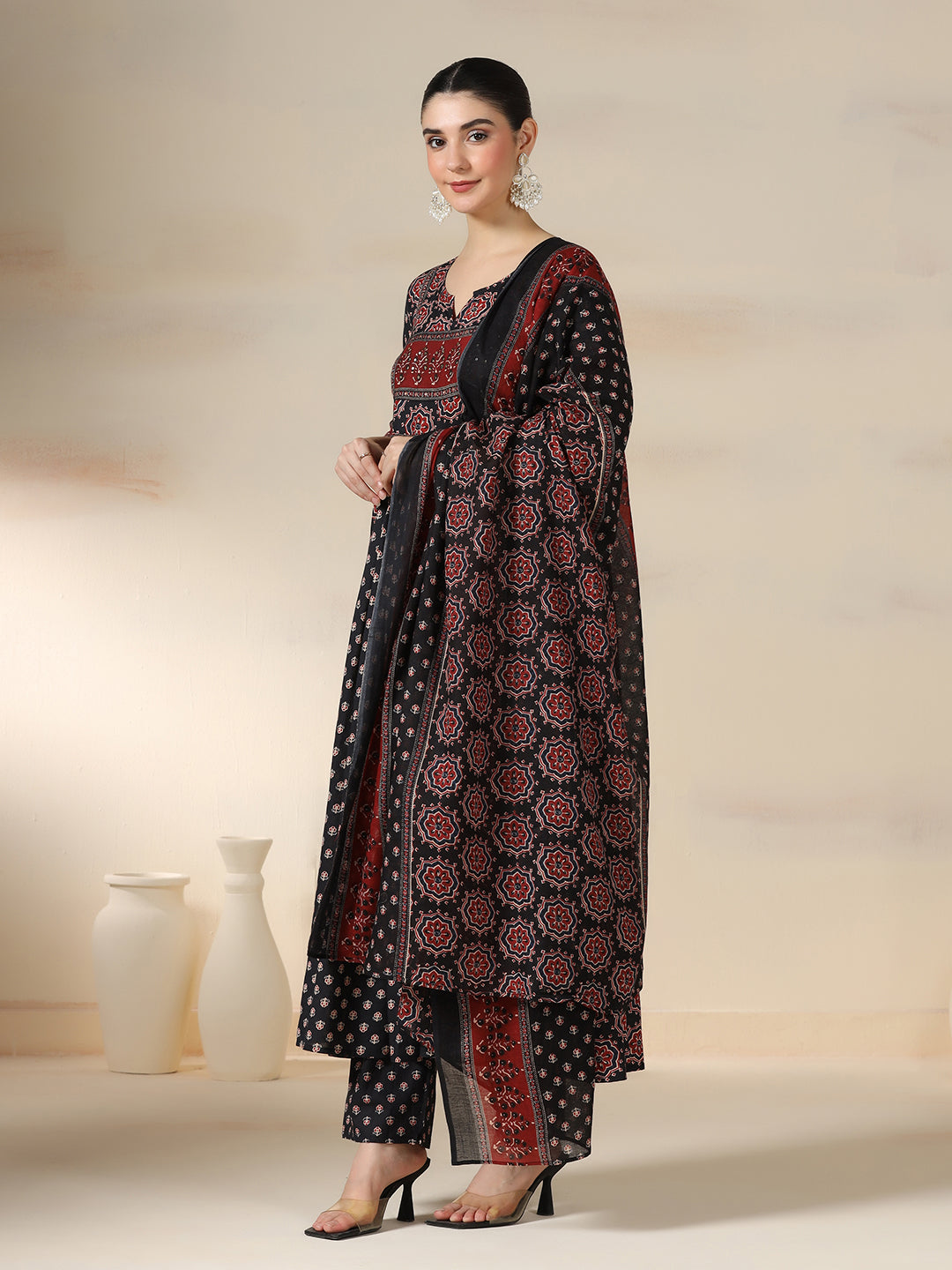 Black Pure Cotton Printed Sequence Work Round Neck 3/4 Sleeves Calf Length Flared Kurta Pant And Dupatta Set Mizazjaipur