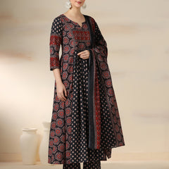 Black Pure Cotton Printed Sequence Work Round Neck 3/4 Sleeves Calf Length Flared Kurta Pant And Dupatta Set Mizazjaipur