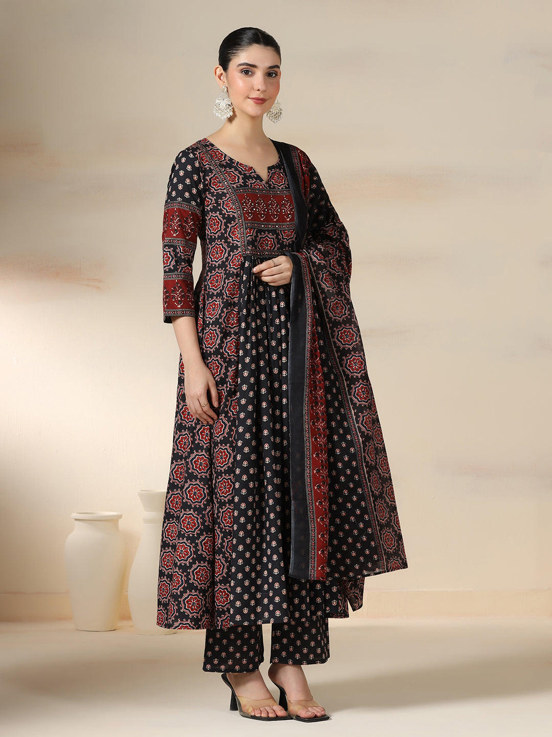 Black Pure Cotton Printed Sequence Work Round Neck 3/4 Sleeves Calf Length Flared Kurta Pant And Dupatta Set Mizazjaipur