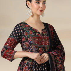 Black Pure Cotton Printed Sequence Work Round Neck 3/4 Sleeves Calf Length Flared Kurta Pant And Dupatta Set Mizazjaipur