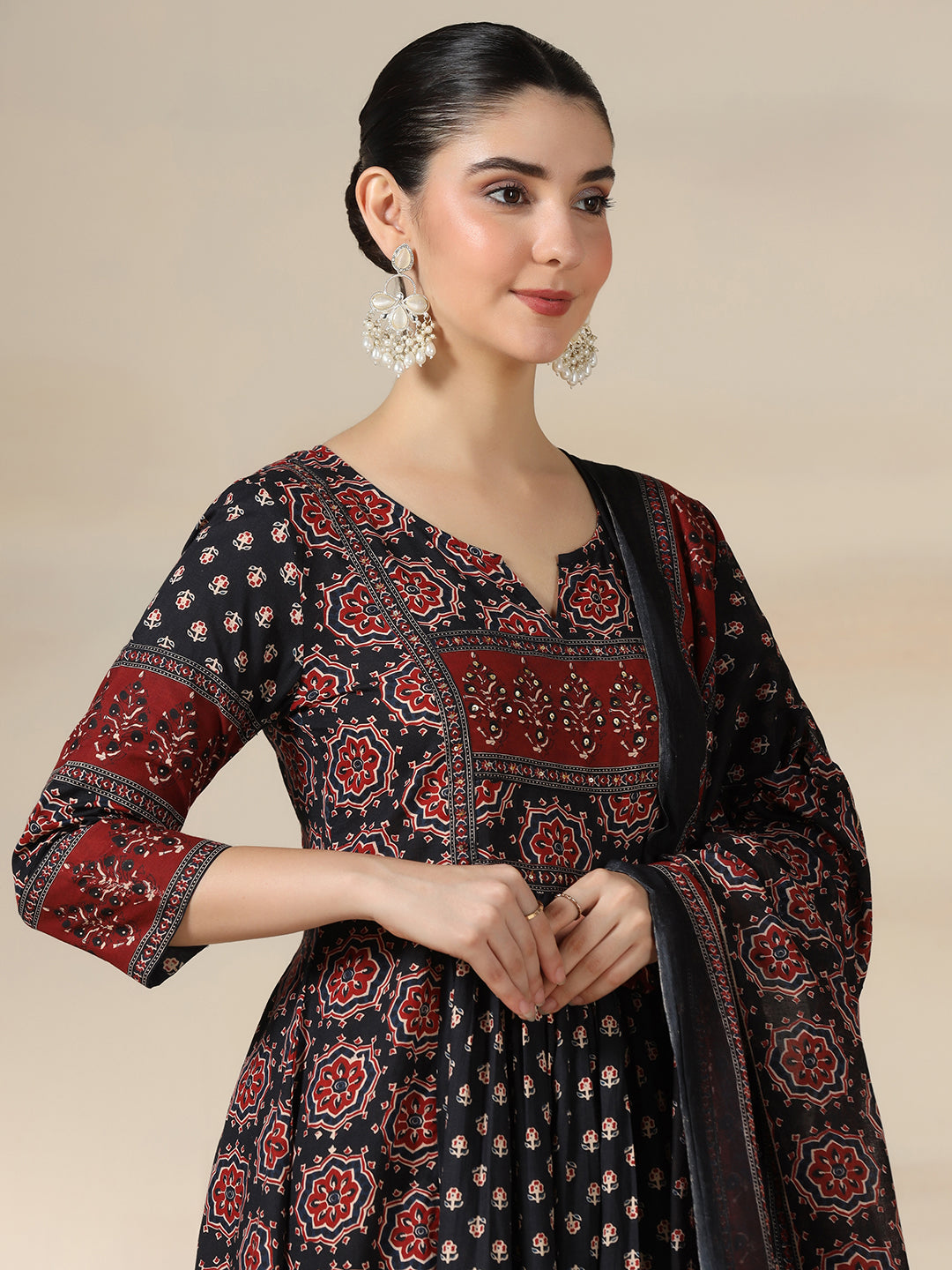 Black Pure Cotton Printed Sequence Work Round Neck 3/4 Sleeves Calf Length Flared Kurta Pant And Dupatta Set Mizazjaipur