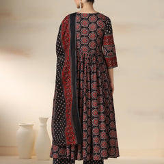 Black Pure Cotton Printed Sequence Work Round Neck 3/4 Sleeves Calf Length Flared Kurta Pant And Dupatta Set Mizazjaipur