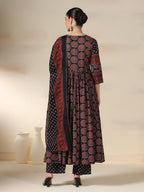 Black Pure Cotton Printed Sequence Work Round Neck 3/4 Sleeves Calf Length Flared Kurta Pant And Dupatta Set Mizazjaipur