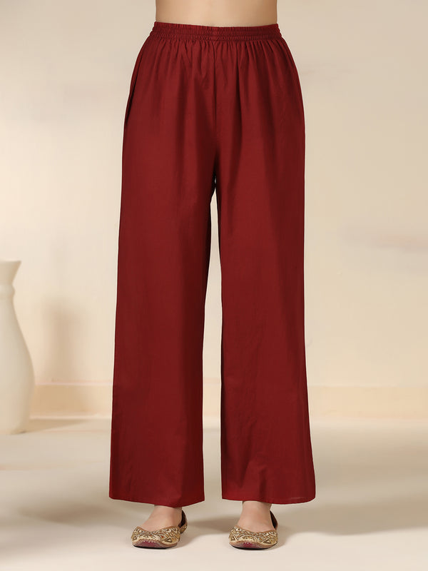 Maroon Rayon Printed Mirror Work Round Neck 3/4 Sleeves Calf Length Flared Kurta Pant And Dupatta Set Mizazjaipur