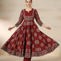 Maroon Rayon Printed Mirror Work Round Neck 3/4 Sleeves Calf Length Flared Kurta Pant And Dupatta Set Mizazjaipur