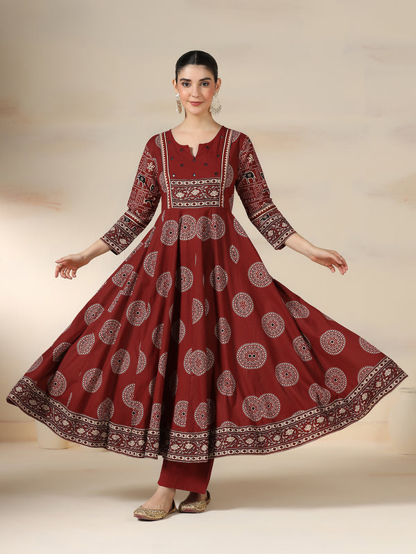 Maroon Rayon Printed Mirror Work Round Neck 3/4 Sleeves Calf Length Flared Kurta Pant And Dupatta Set Mizazjaipur