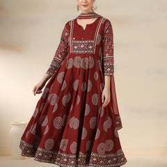Maroon Rayon Printed Mirror Work Round Neck 3/4 Sleeves Calf Length Flared Kurta Pant And Dupatta Set Mizazjaipur