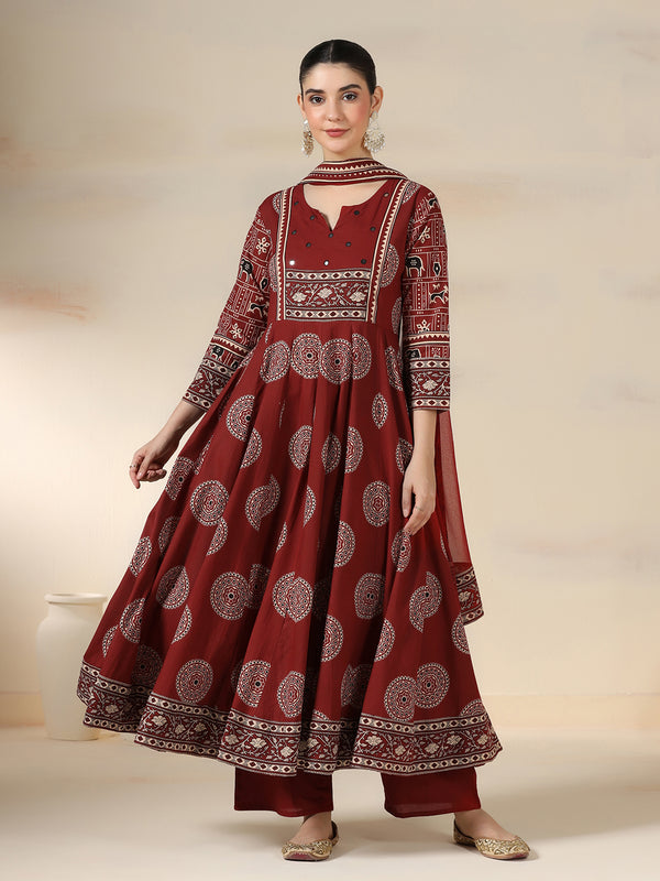 Maroon Rayon Printed Mirror Work Round Neck 3/4 Sleeves Calf Length Flared Kurta Pant And Dupatta Set Mizazjaipur