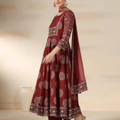 Maroon Rayon Printed Mirror Work Round Neck 3/4 Sleeves Calf Length Flared Kurta Pant And Dupatta Set Mizazjaipur