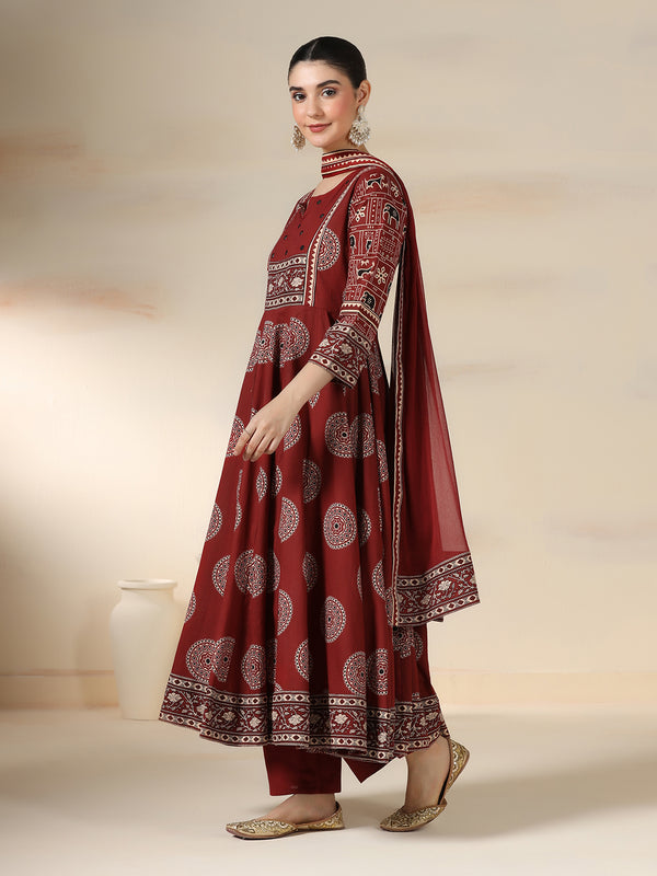 Maroon Rayon Printed Mirror Work Round Neck 3/4 Sleeves Calf Length Flared Kurta Pant And Dupatta Set Mizazjaipur