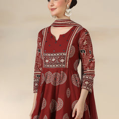 Maroon Rayon Printed Mirror Work Round Neck 3/4 Sleeves Calf Length Flared Kurta Pant And Dupatta Set Mizazjaipur
