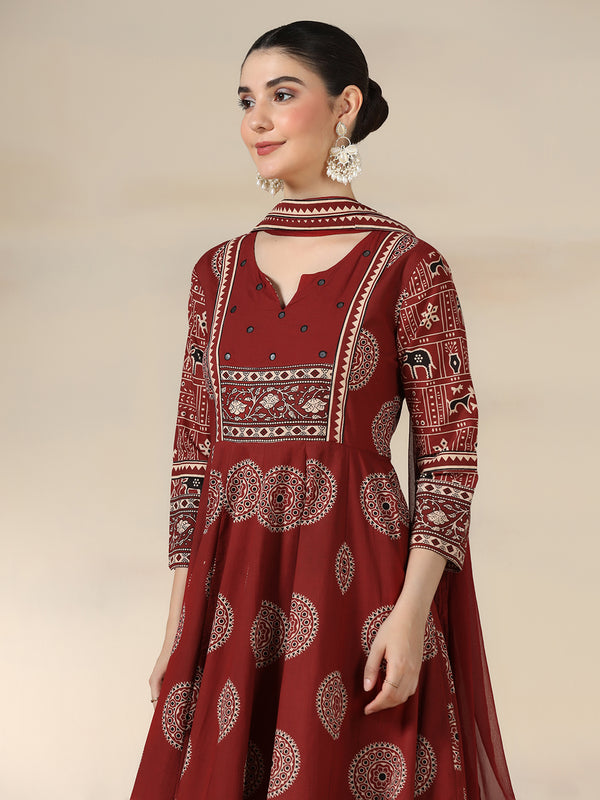Maroon Rayon Printed Mirror Work Round Neck 3/4 Sleeves Calf Length Flared Kurta Pant And Dupatta Set Mizazjaipur