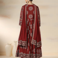 Maroon Rayon Printed Mirror Work Round Neck 3/4 Sleeves Calf Length Flared Kurta Pant And Dupatta Set Mizazjaipur